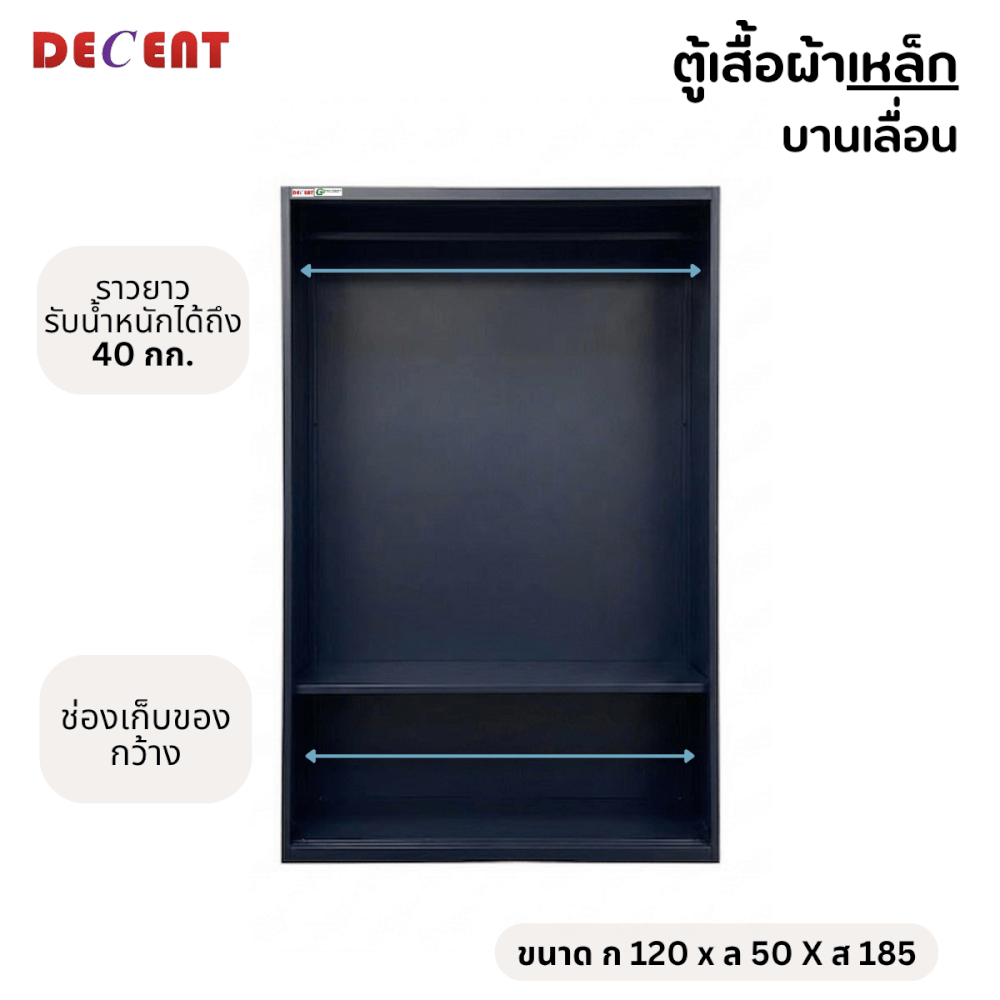ตู้เสื้อผ้าเหล็ก บานเลื่อน 2 ประตู DECENT ลาย นาวี 120ซม.